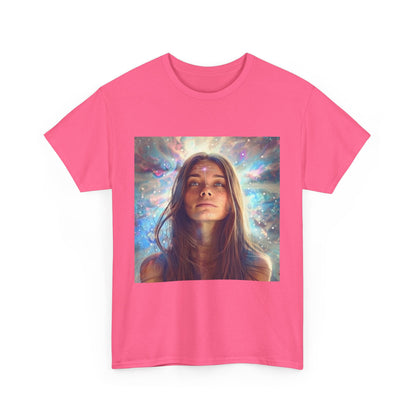 Cosmic vibes t-shirt in pink featuring a vibrant cosmic design and a serene woman portrait