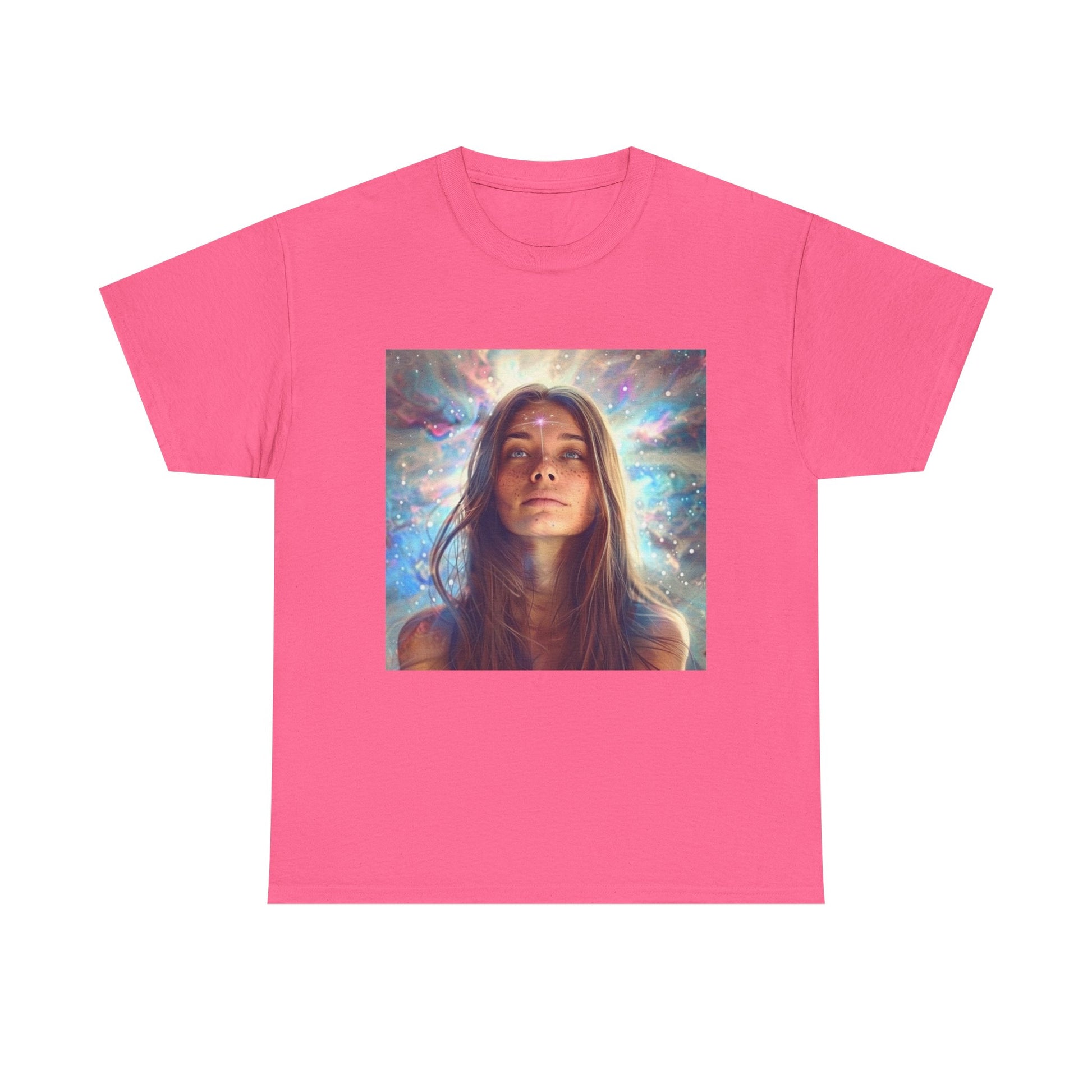 Cosmic vibes t-shirt in pink featuring a vibrant graphic design of a dreamy cosmic scene