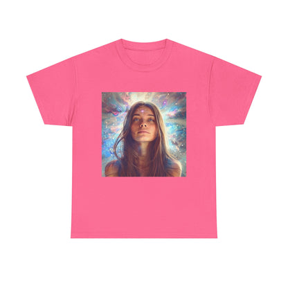 Cosmic vibes t-shirt in pink featuring a vibrant graphic design of a dreamy cosmic scene