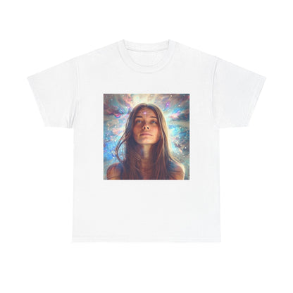 Cosmic vibes t-shirt featuring a woman with a cosmic background in vibrant colors