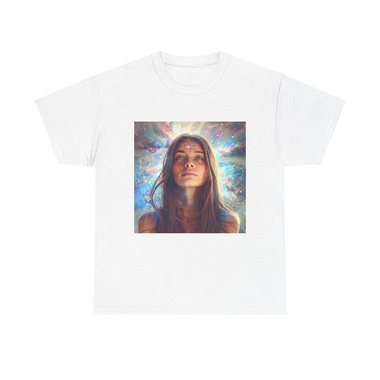 Cosmic vibes t-shirt featuring a woman with a cosmic background in vibrant colors