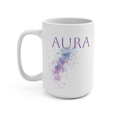 White ceramic aura mug with purple AURA text and blue purple galaxy splatter design for coffee tea