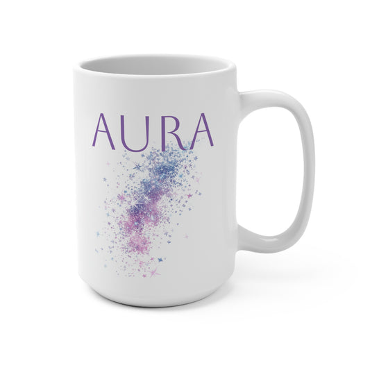 Printify white ceramic aura mug with purple AURA lettering and blue purple galaxy starburst design for coffee