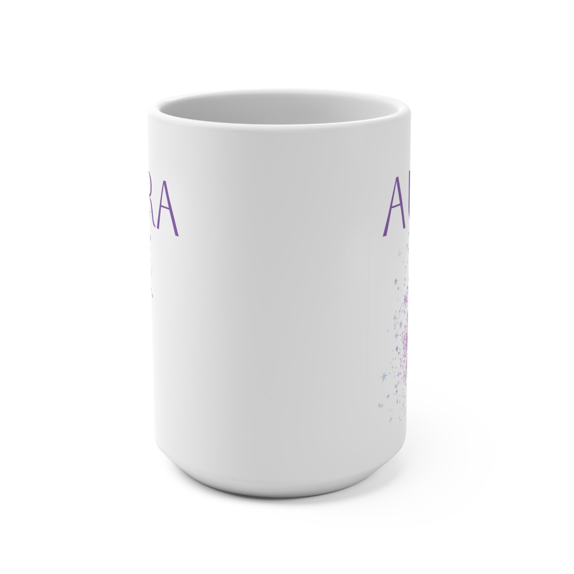 Printify white ceramic aura mug with purple text and pastel starburst design ideal for coffee or tea