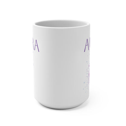 Printify white ceramic aura mug with purple text and pastel starburst design ideal for coffee or tea