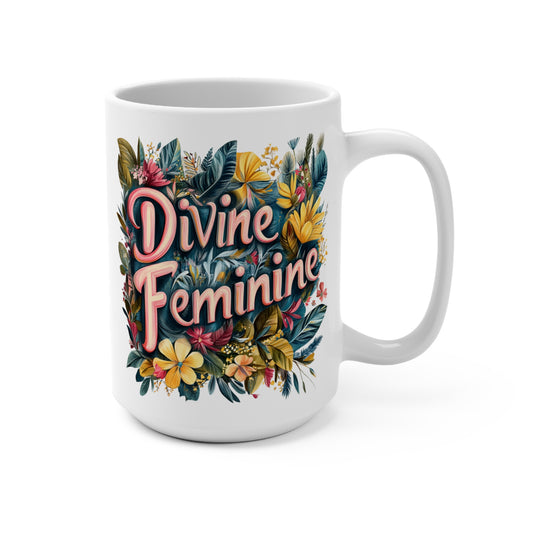 Divine feminine coffee mug with vibrant floral design and decorative text
