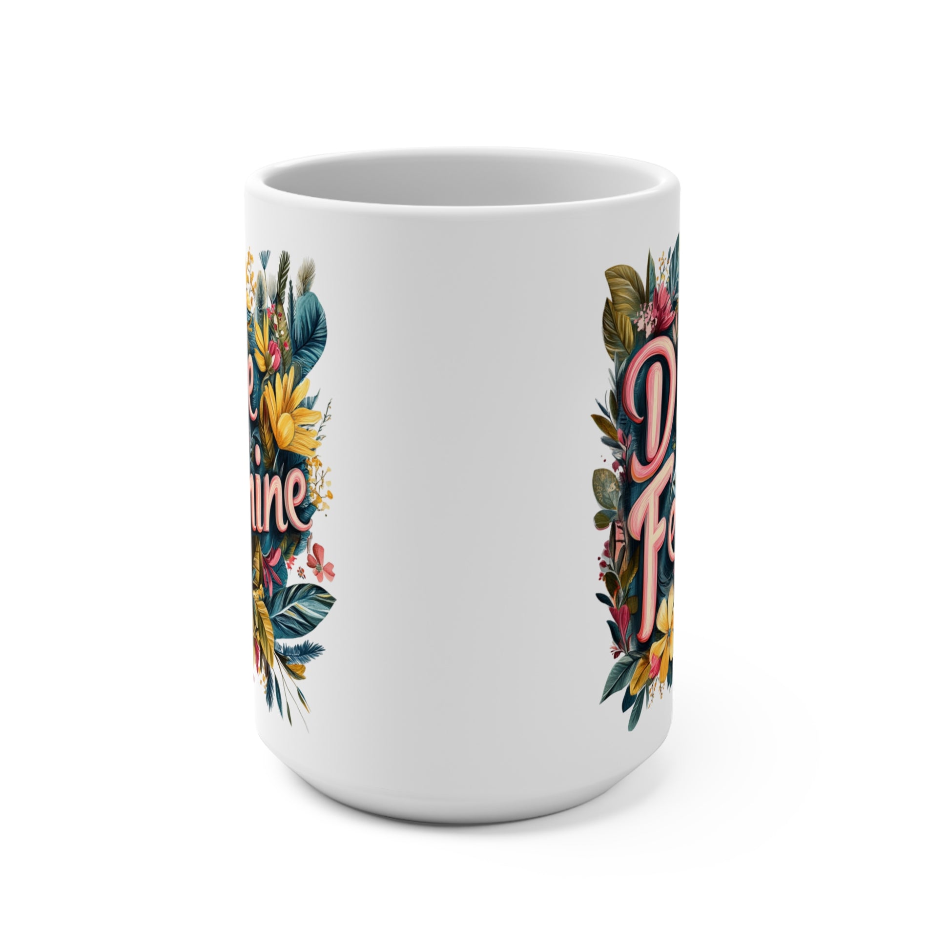 Colorful Divine Feminine Coffee Mug with Floral Design and Elegant Typography