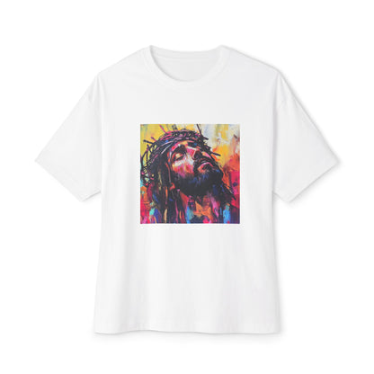 Printify vibrant jesus boxy tee white t shirt with colorful painted Jesus portrait and crown of thorns