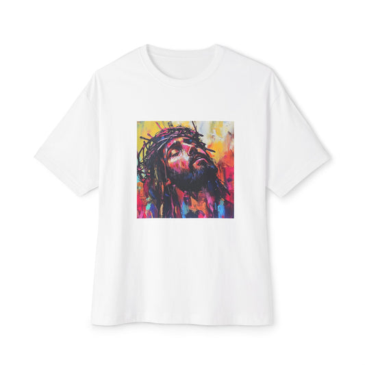 Printify vibrant jesus boxy tee white t shirt with colorful painted Jesus portrait and crown of thorns