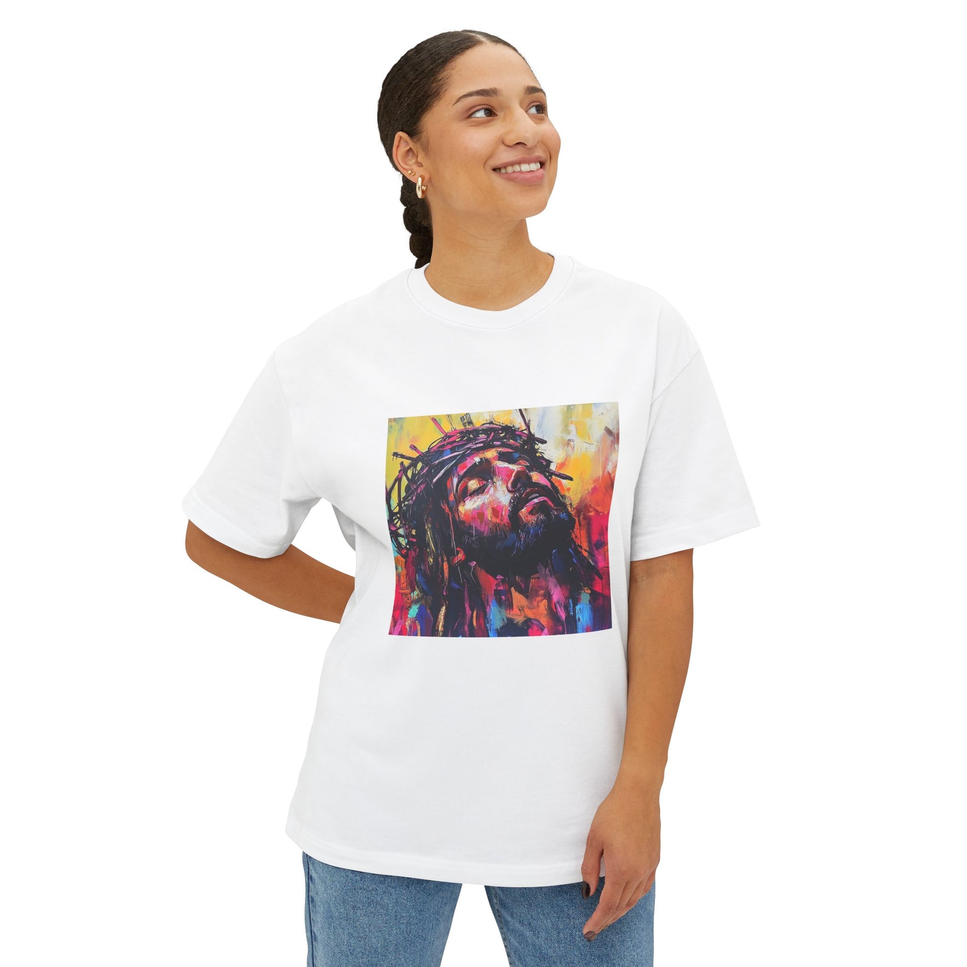 Woman wearing white Printify vibrant jesus boxy tee featuring colorful crown of thorns Jesus artwork