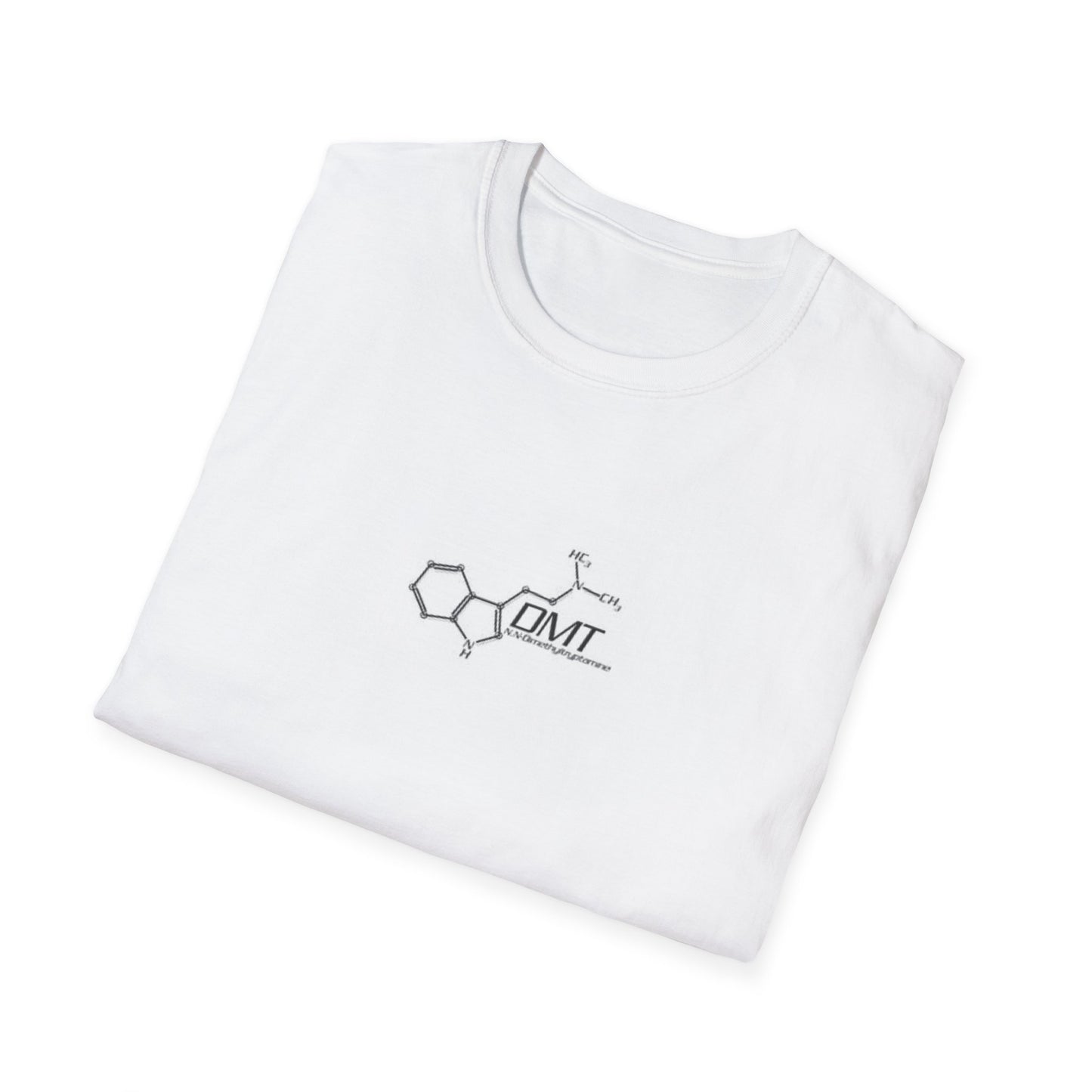 White DMT molecule t-shirt featuring a detailed graphic of the DMT structure