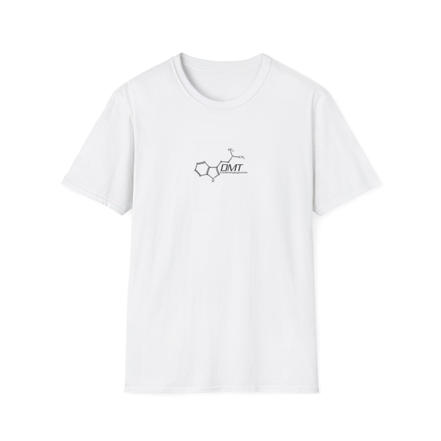 White DMT molecule t-shirt featuring a printed molecular structure design
