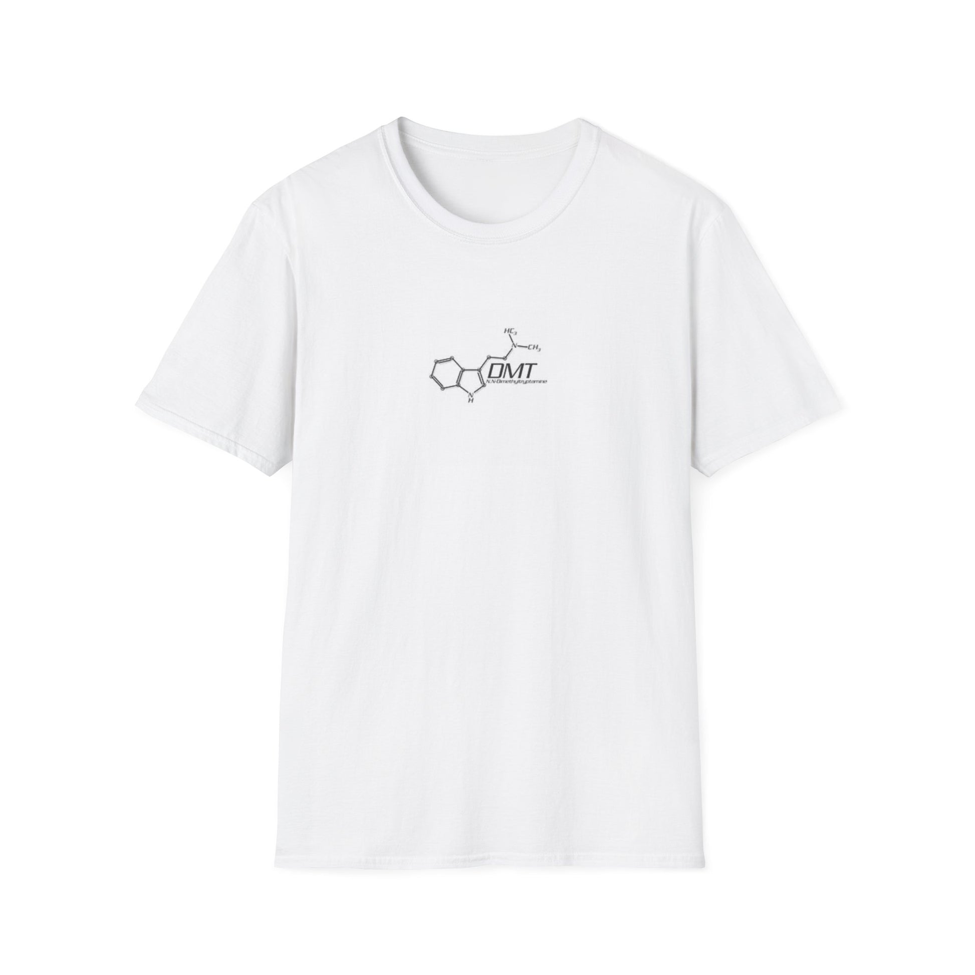 White DMT molecule t-shirt featuring a printed molecular structure design