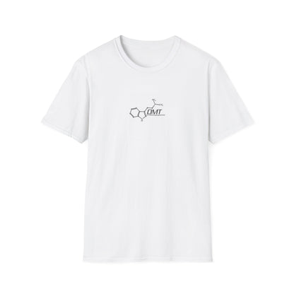 White DMT molecule t-shirt featuring a printed molecular structure design
