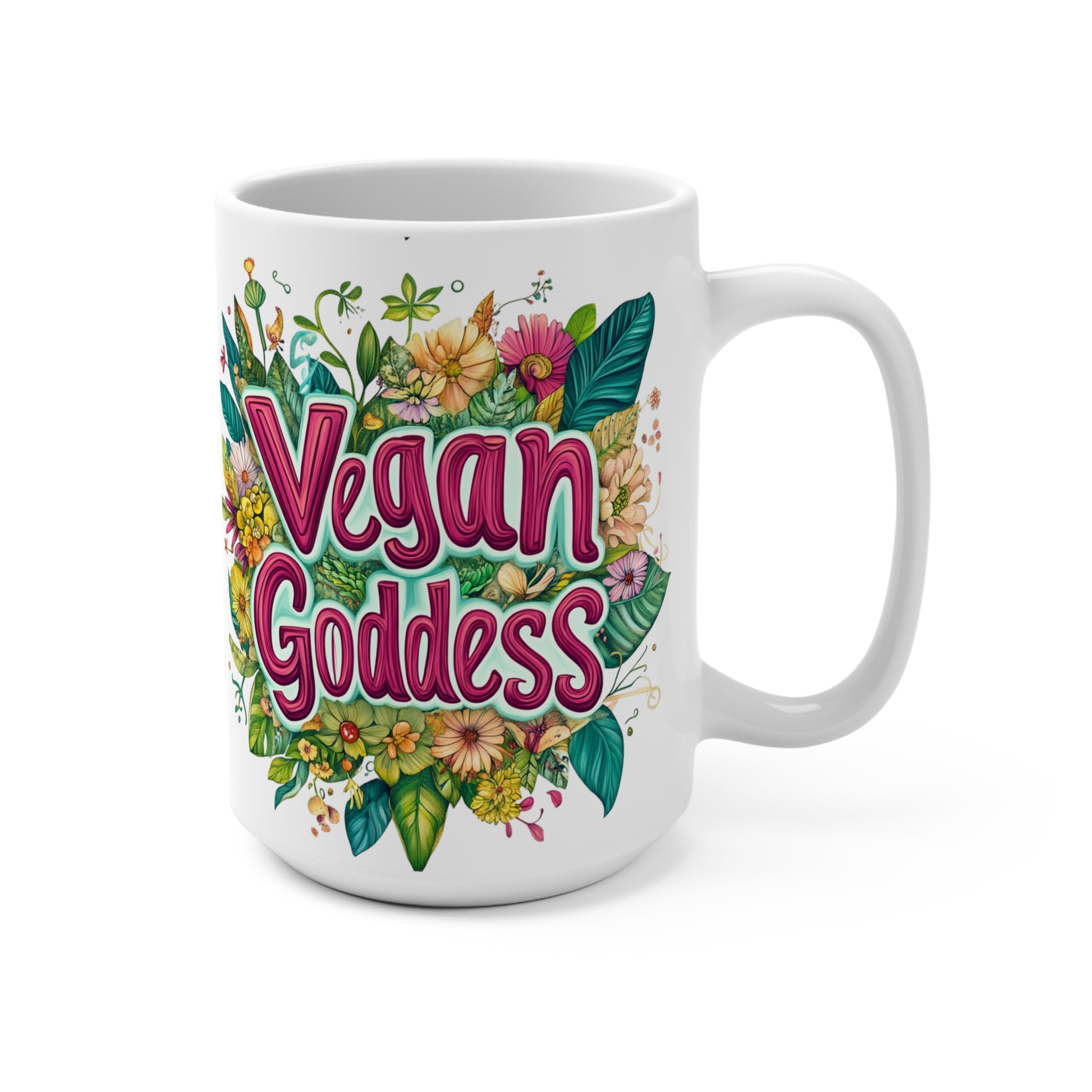 White ceramic vegan goddess mug with colorful floral design and bold pink lettering for coffee tea