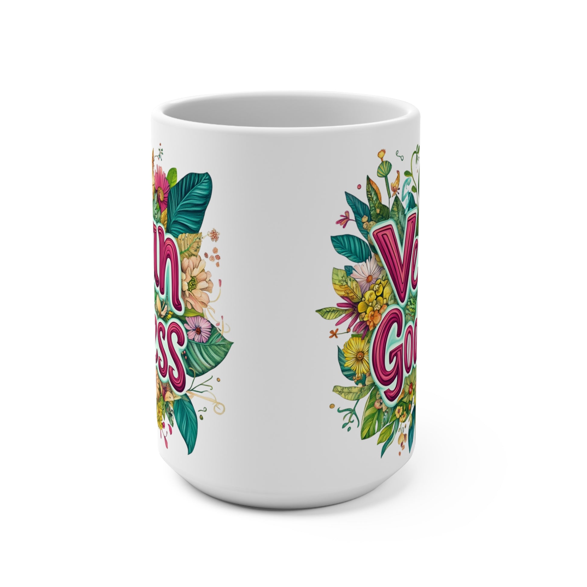Printify white ceramic vegan goddess mug with colorful floral artwork and bold pink lettering