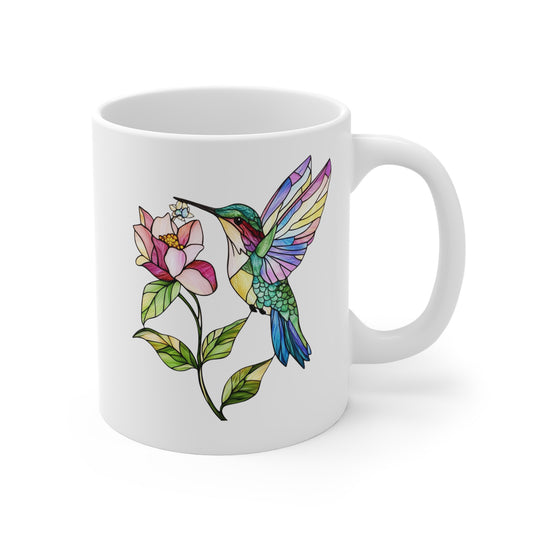Floral Art Mug featuring a colorful hummingbird and flower design for vibrant drinkware