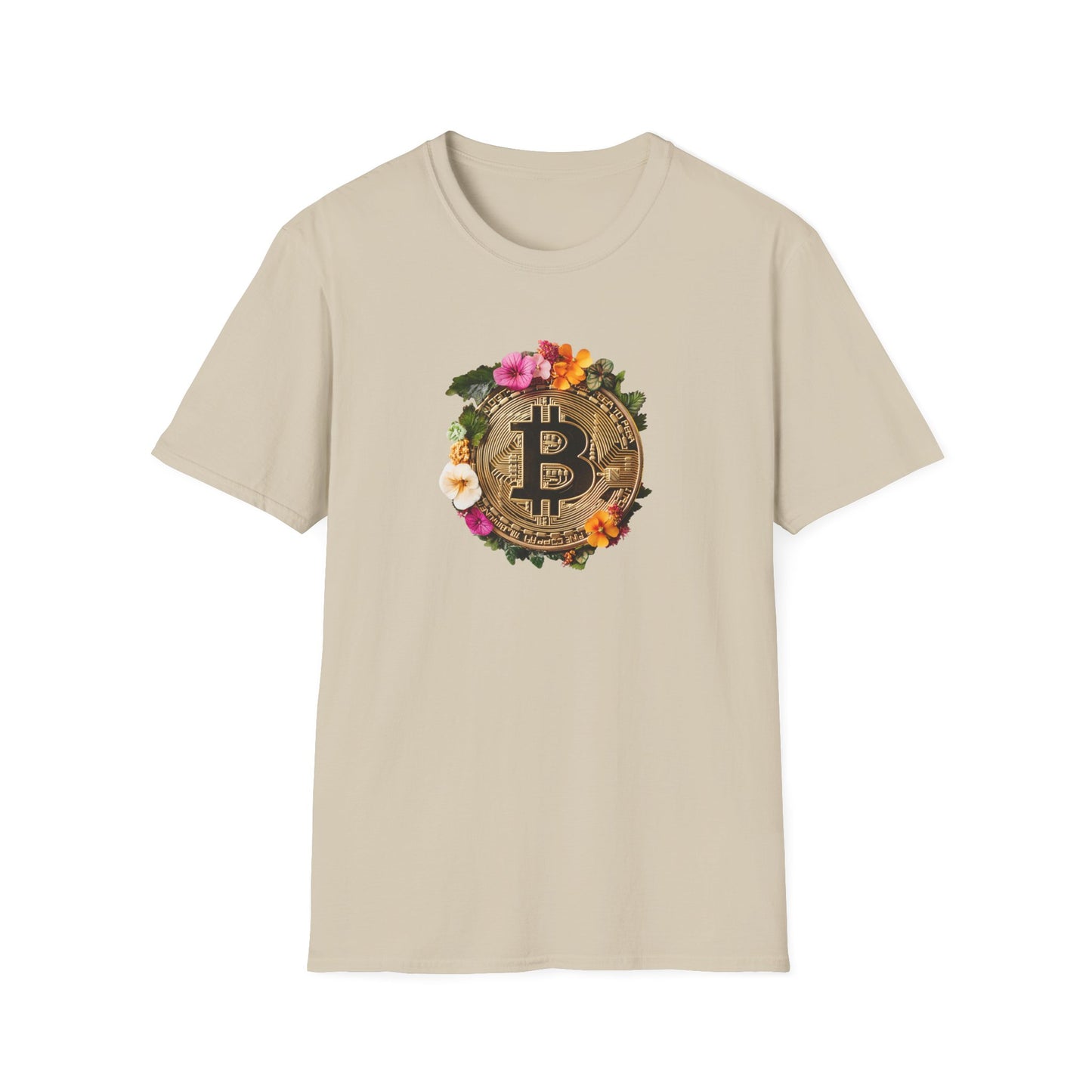 Light beige floral bitcoin t-shirt featuring a gold bitcoin logo surrounded by colorful flowers.