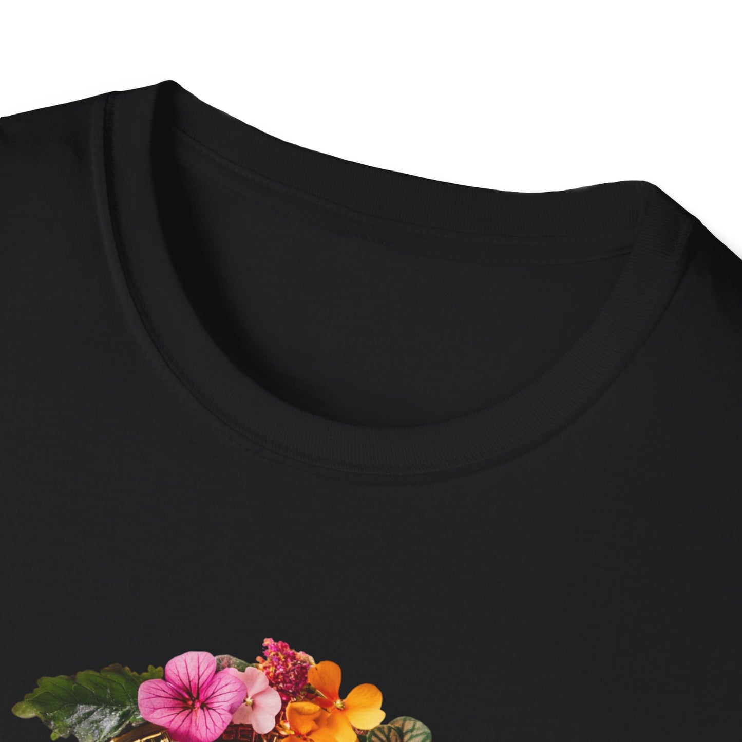 Floral Bitcoin T-Shirt featuring vibrant flower designs on a black background