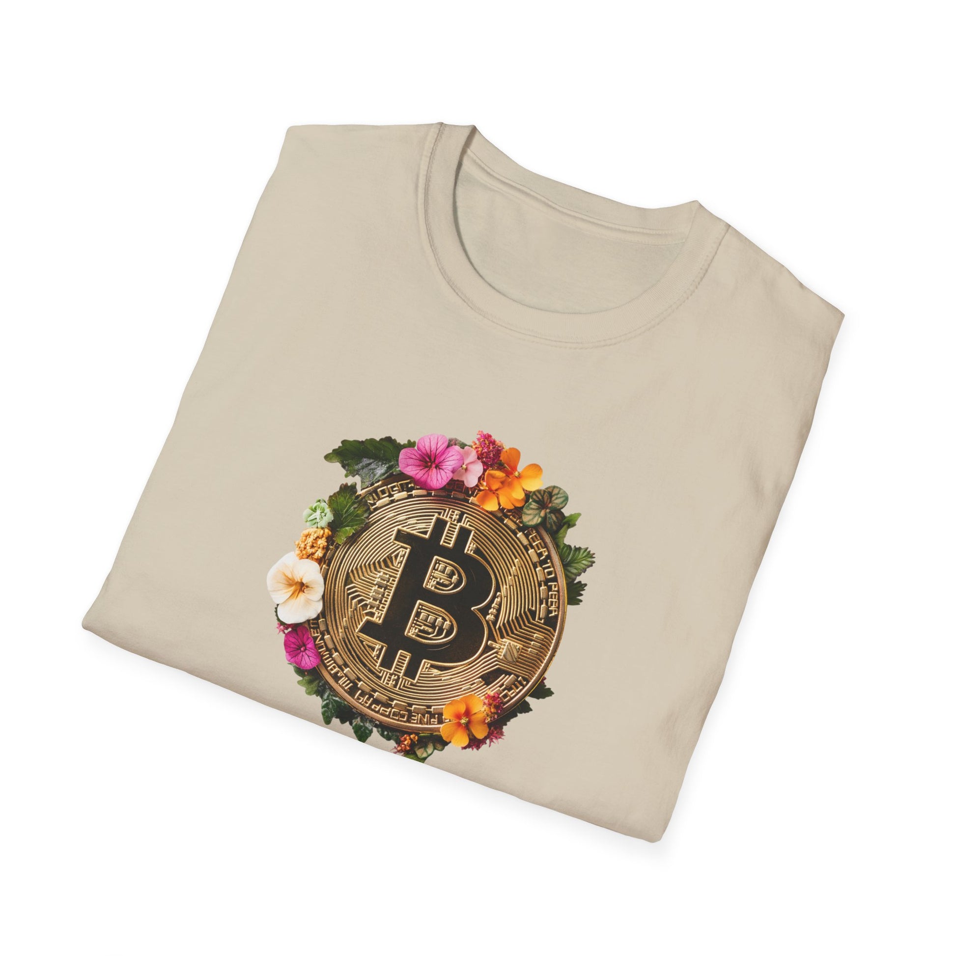 Floral bitcoin t-shirt featuring a gold bitcoin logo surrounded by vibrant flowers