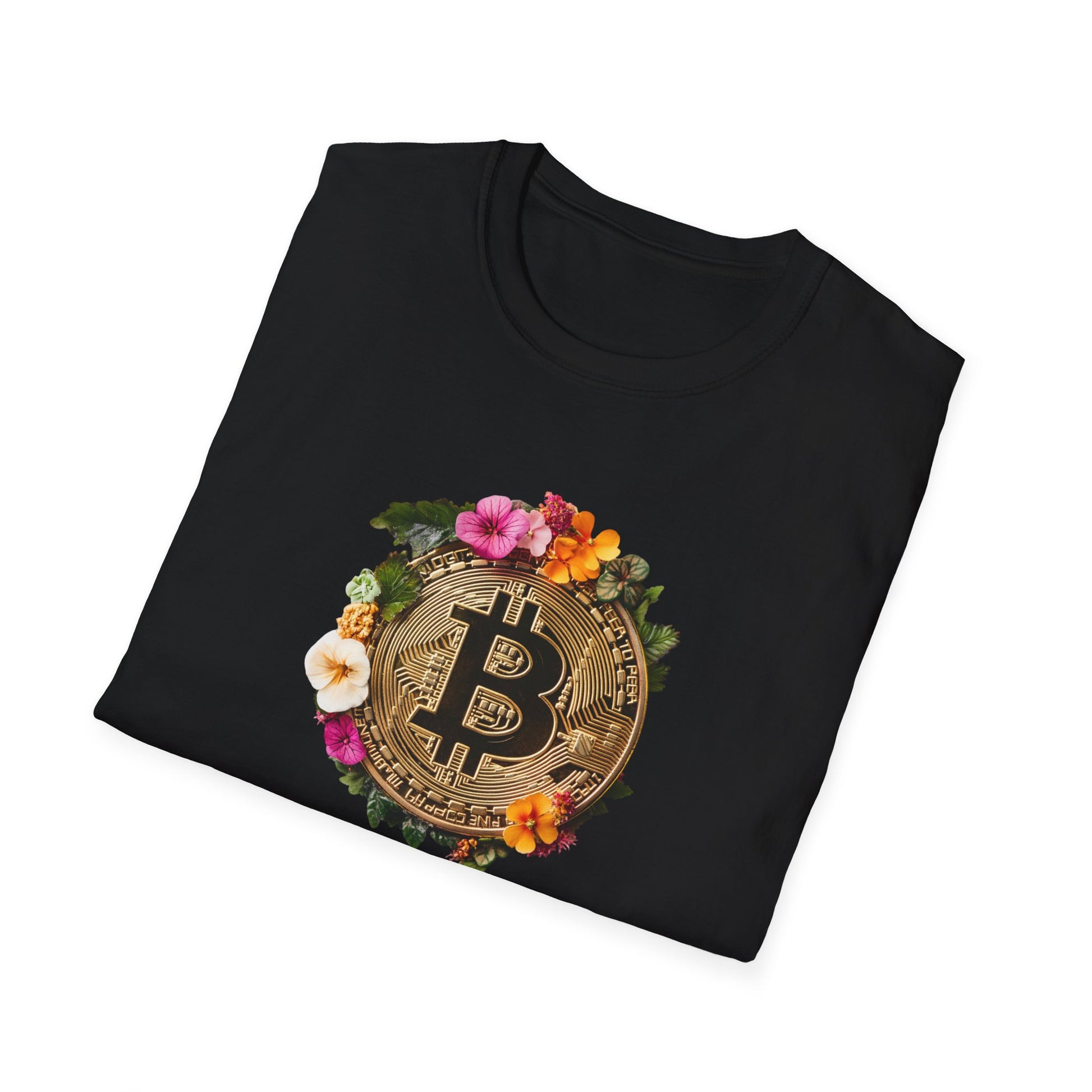 Floral bitcoin t-shirt featuring a bitcoin logo surrounded by colorful flowers on a black background