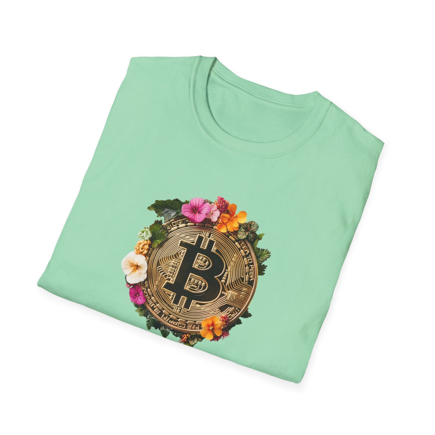 Floral bitcoin t-shirt featuring a gold bitcoin surrounded by vibrant flowers on a mint green background