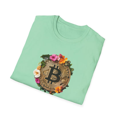 Floral bitcoin t-shirt featuring a gold bitcoin surrounded by vibrant flowers on a mint green background