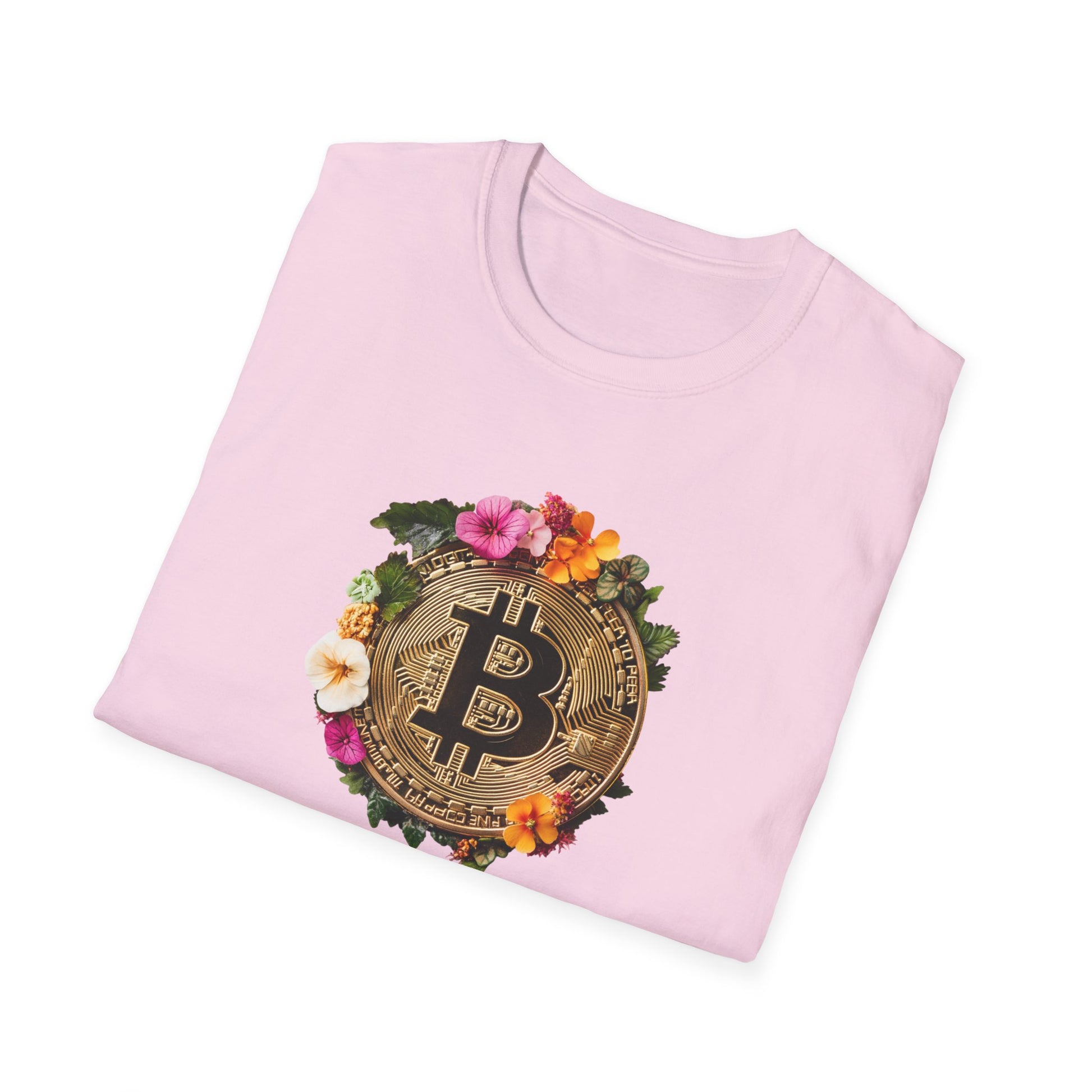 Floral bitcoin t-shirt in pink featuring a gold bitcoin logo surrounded by colorful flowers
