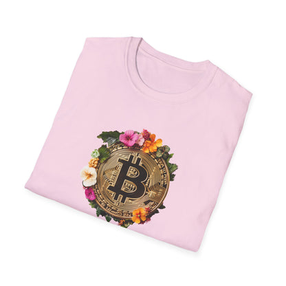 Floral bitcoin t-shirt in pink featuring a gold bitcoin logo surrounded by colorful flowers