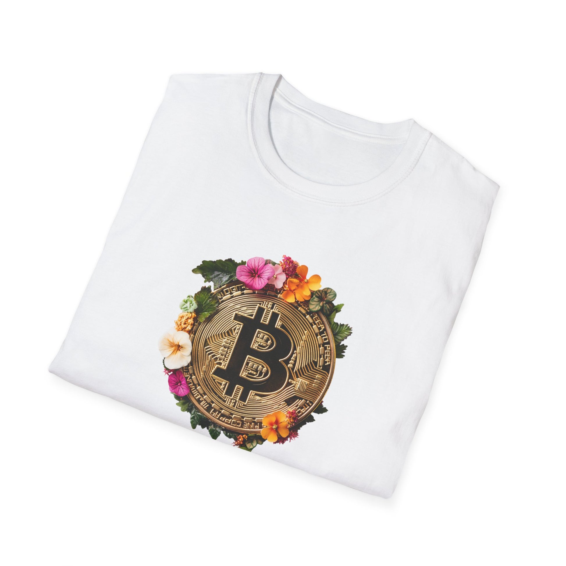 Floral bitcoin t-shirt featuring a colorful flower design surrounding the iconic Bitcoin logo