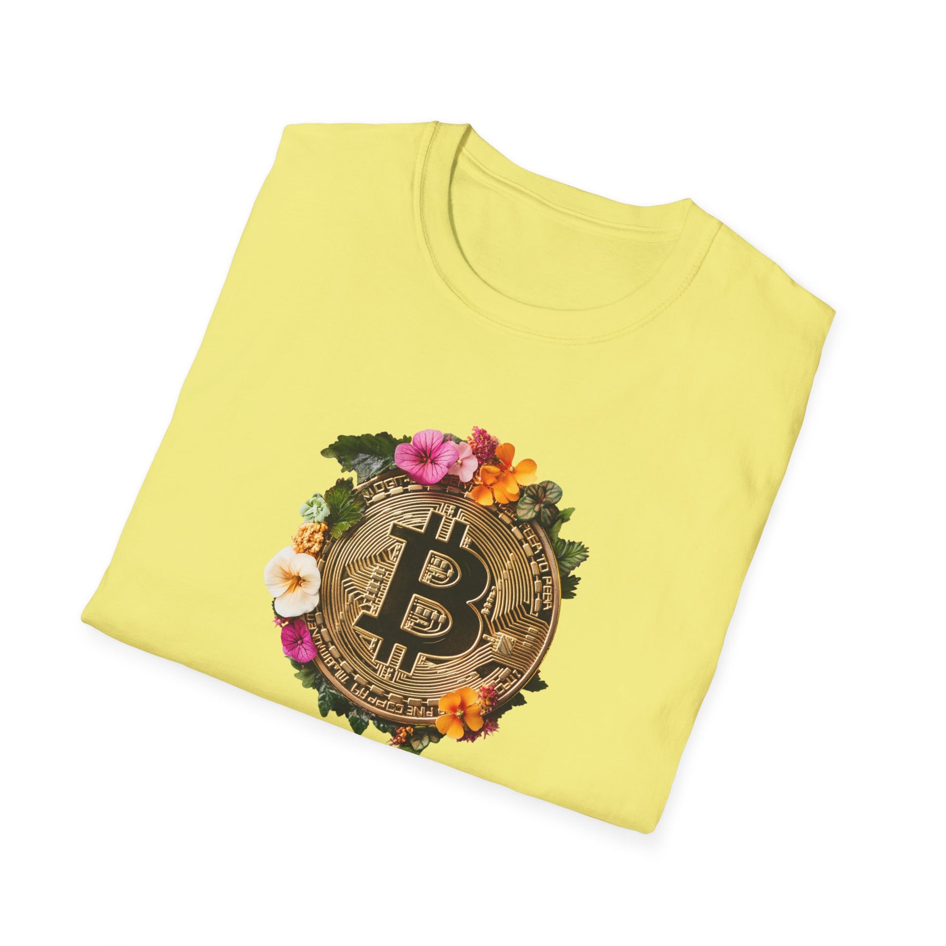 Floral bitcoin t-shirt in yellow featuring a colorful floral design around the bitcoin symbol