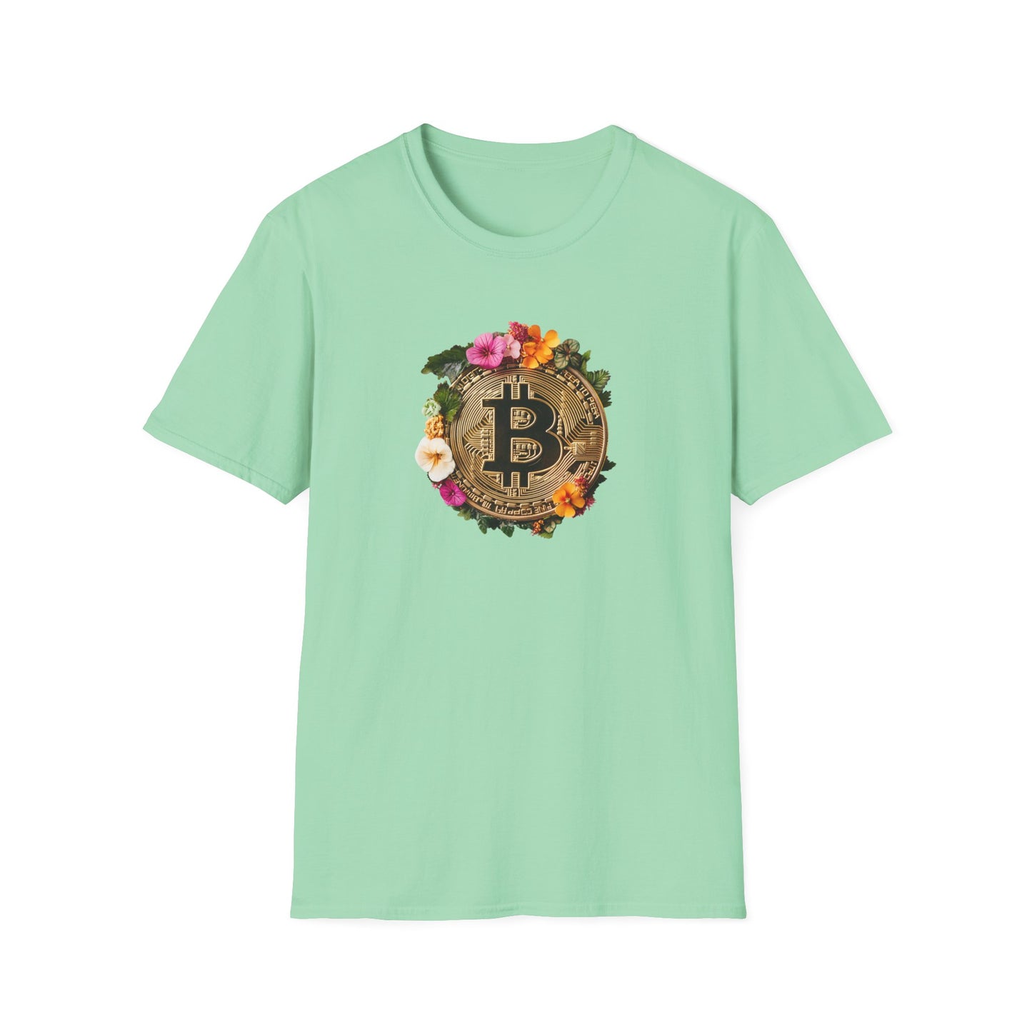 Mint Green Floral Bitcoin T-Shirt featuring a colorful flower design around a Bitcoin symbol