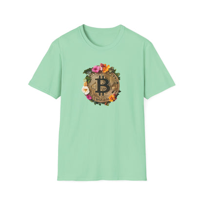 Mint Green Floral Bitcoin T-Shirt featuring a colorful flower design around a Bitcoin symbol
