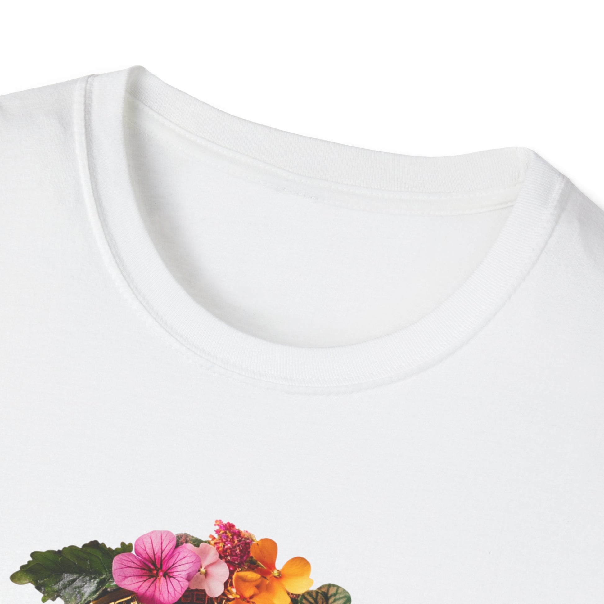 Close-up of a floral bitcoin t-shirt featuring vibrant flowers and a stylish design