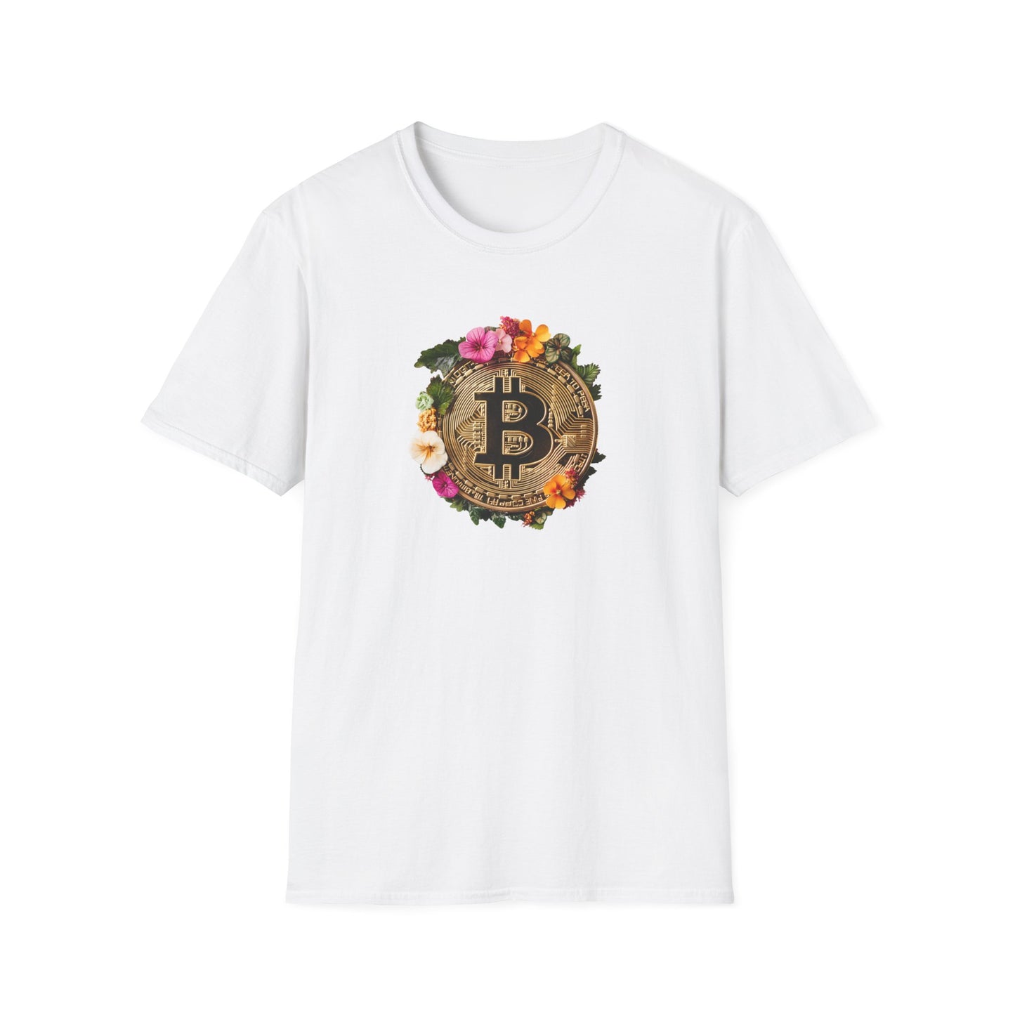 Floral bitcoin t-shirt featuring a decorated Bitcoin logo surrounded by vibrant flowers