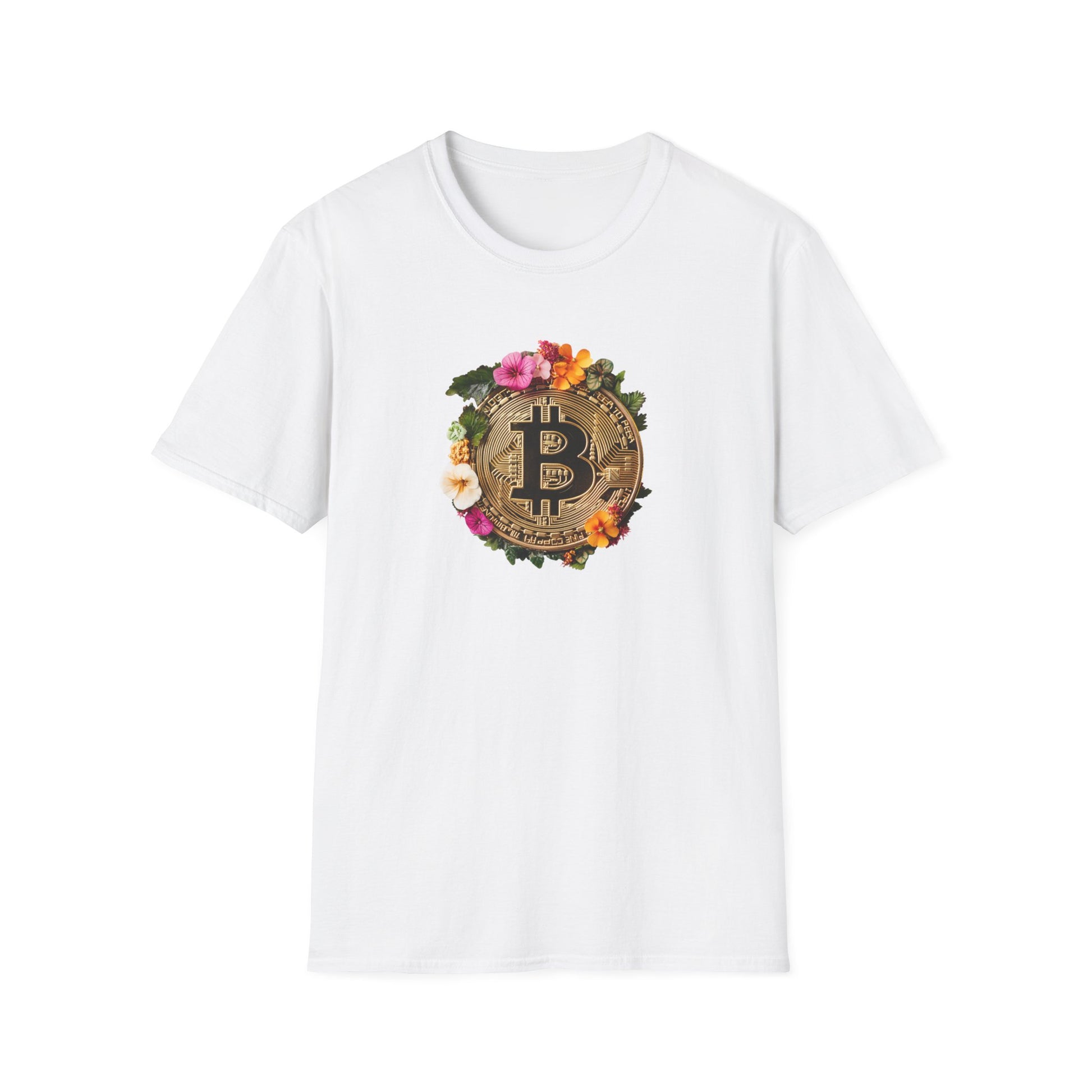 Floral bitcoin t-shirt featuring a decorated Bitcoin logo surrounded by vibrant flowers