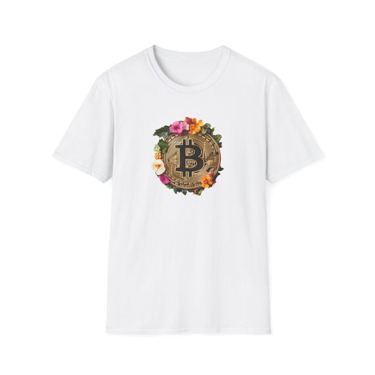 Floral bitcoin t-shirt featuring a decorated Bitcoin logo surrounded by vibrant flowers