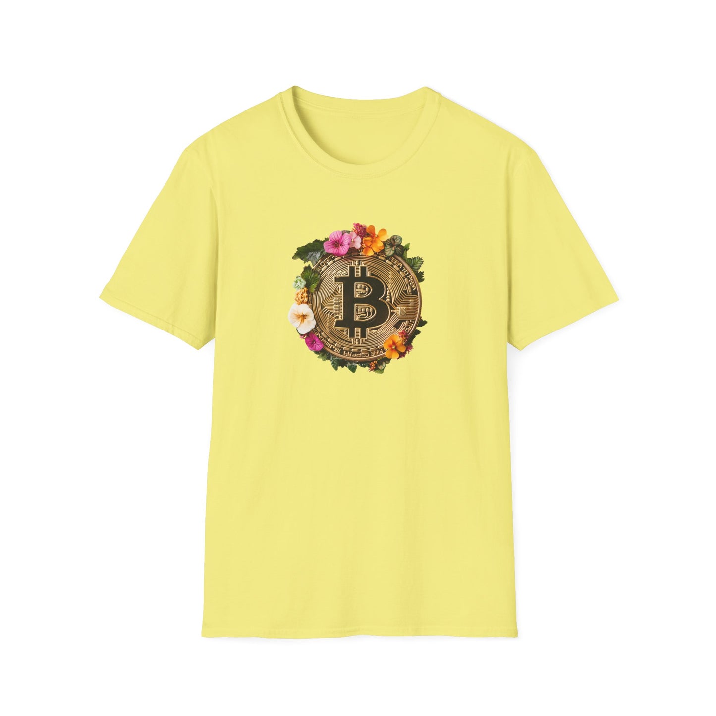 Floral bitcoin t-shirt in yellow featuring a decorative bitcoin design with colorful flowers
