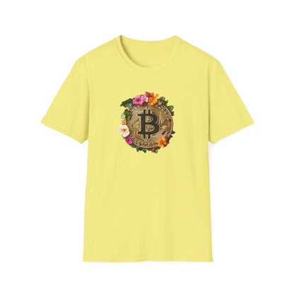 Floral bitcoin t-shirt in yellow featuring a decorative bitcoin design with colorful flowers