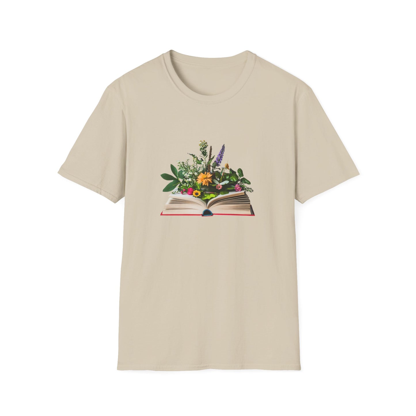 Floral book lover t-shirt featuring an open book with colorful flowers and greenery design