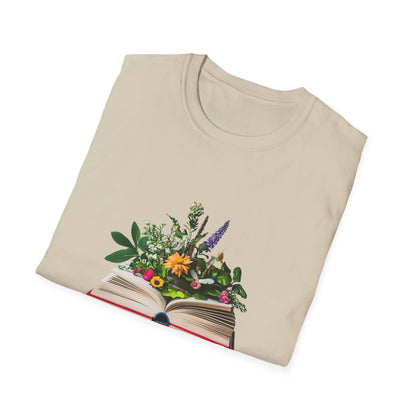 Beige floral book lover t-shirt featuring an illustrated book with colorful flowers on top
