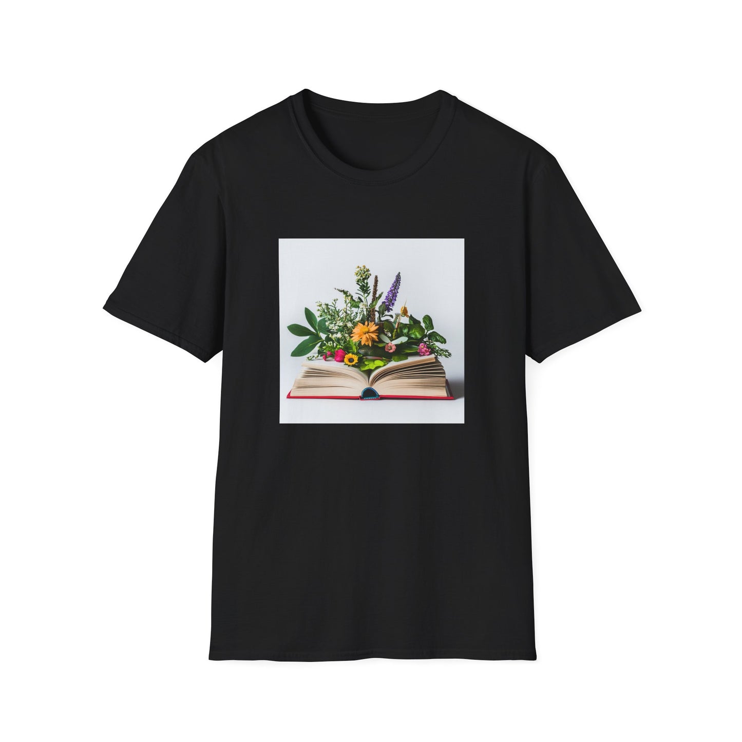 Floral book lover t-shirt featuring a graphic of an open book with flowers on the pages