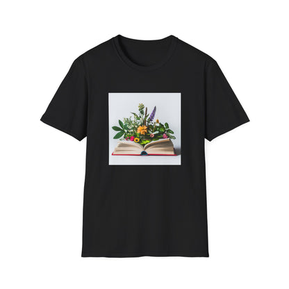 Floral book lover t-shirt featuring a graphic of an open book with flowers on the pages