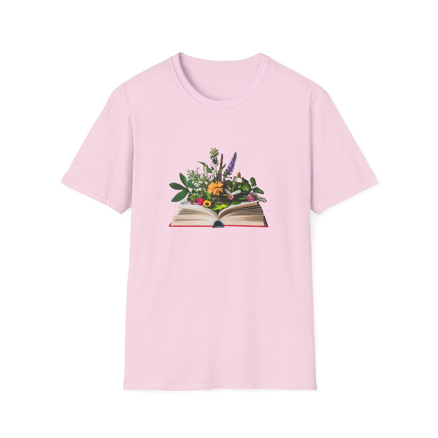 Floral book lover t-shirt in pink featuring a book with colorful flowers on top