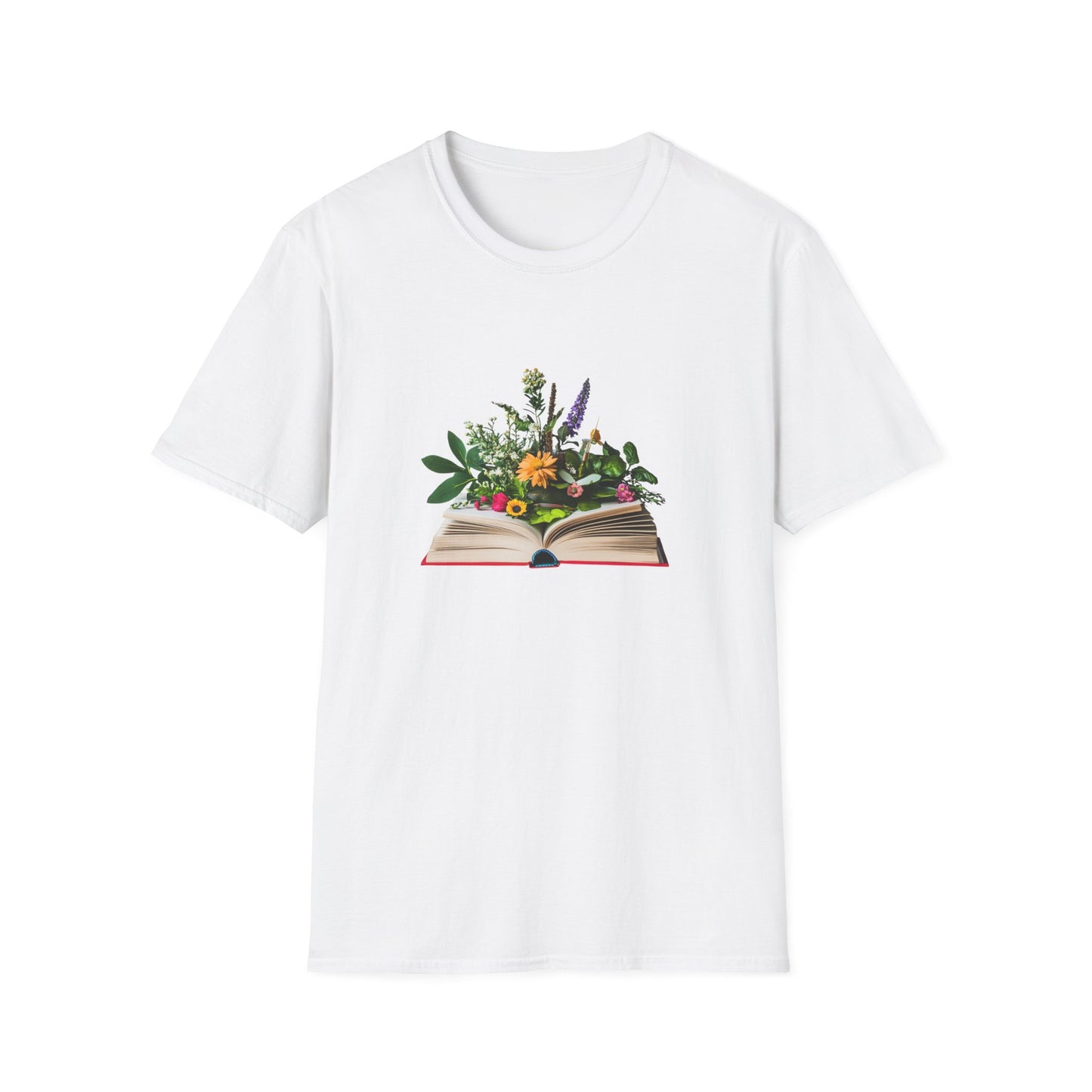 White floral book lover t-shirt featuring an open book with vibrant flower illustrations