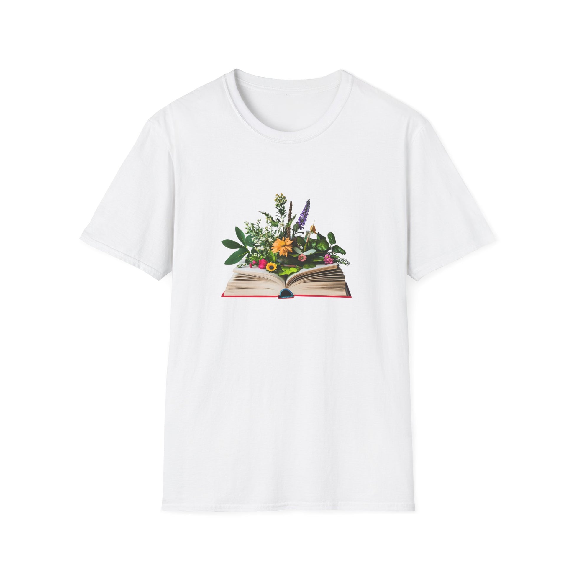 White floral book lover t-shirt featuring an open book with vibrant flower illustrations