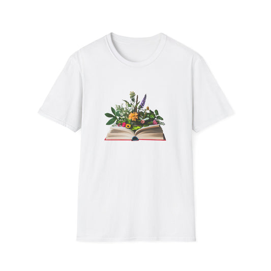 White floral book lover t-shirt featuring an open book with vibrant flower illustrations