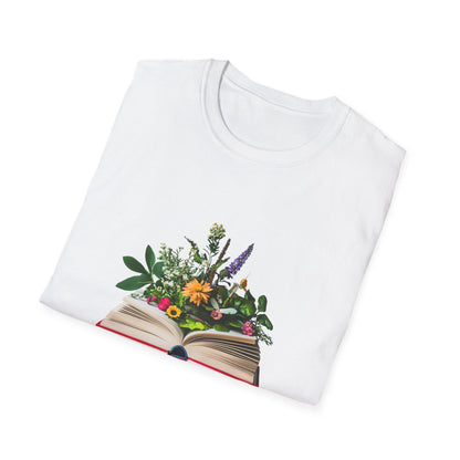Floral book lover t-shirt with a vibrant design of flowers emerging from an open book