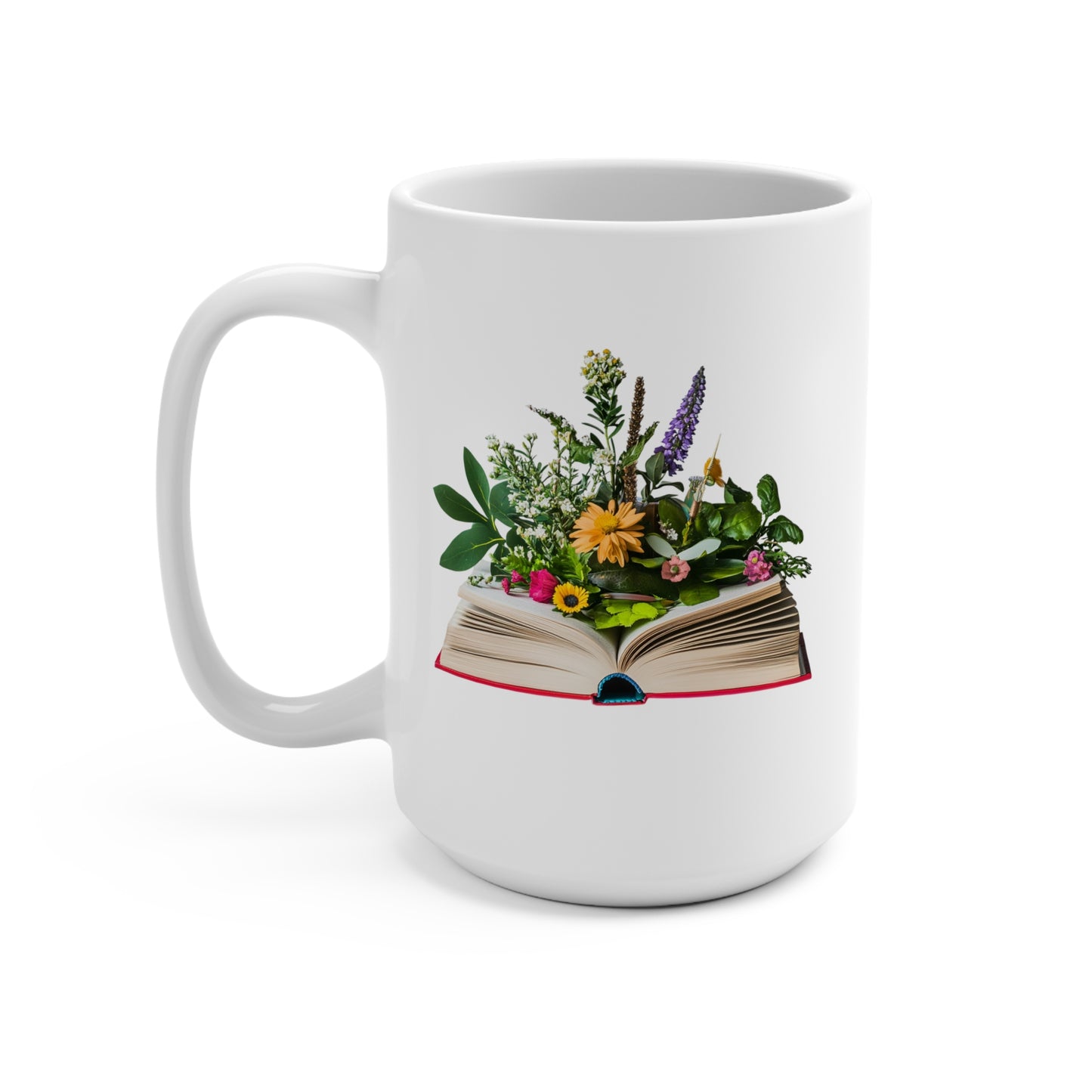 Floral book mug featuring a vibrant floral arrangement on an open book design
