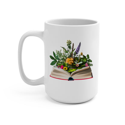 Floral book mug featuring a vibrant floral arrangement on an open book design